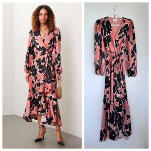 Tanya Taylor Long Sleeve Blair Wrap Dress in Garnet Rose Multi Pink & Black Sz 2